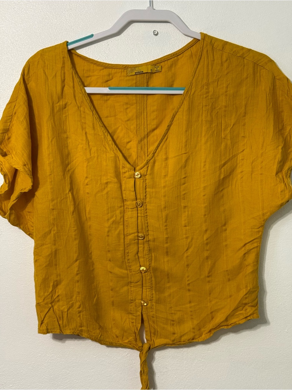 Prana Mustard Button-Front Tie Hem Blouse